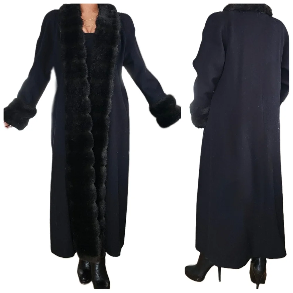 Vintage Wool & Vegan Fur Full Length Long Black Alorna Faux Fur Penny Lane Coat - Picture 2 of 7
